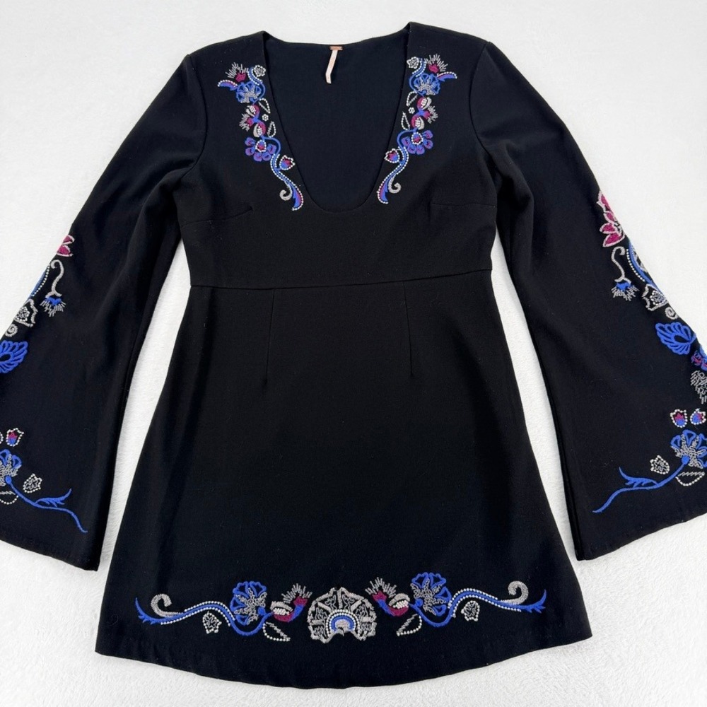 Free People Embroidered Folk Mini Dress Black Boho Size 8